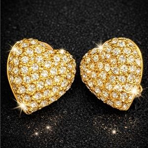 Joan rivers vintage pave set crystal statement heart earrings gold clip-on QVC